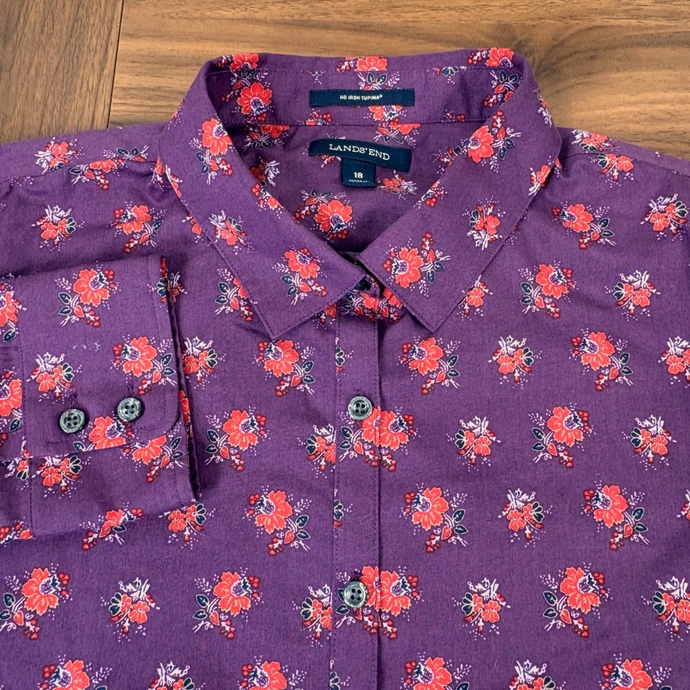 Lands End Button Up Shirt 18 Purple Floral Ditsy Supima Cotton No Iron Preppy